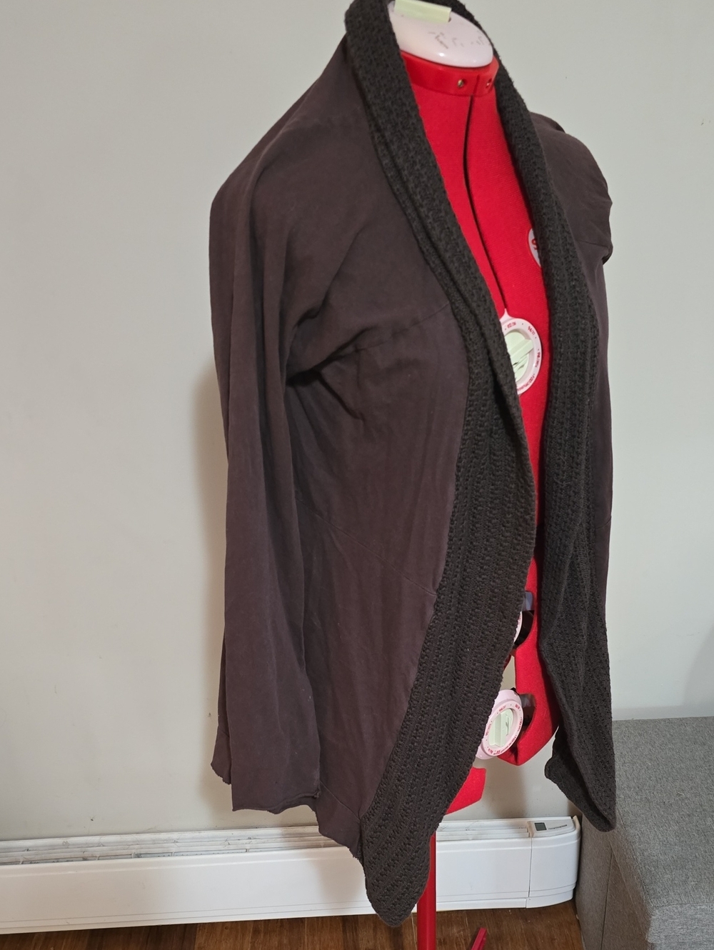 Indigenous Brown Open-Front Knit-Trim Cardigan